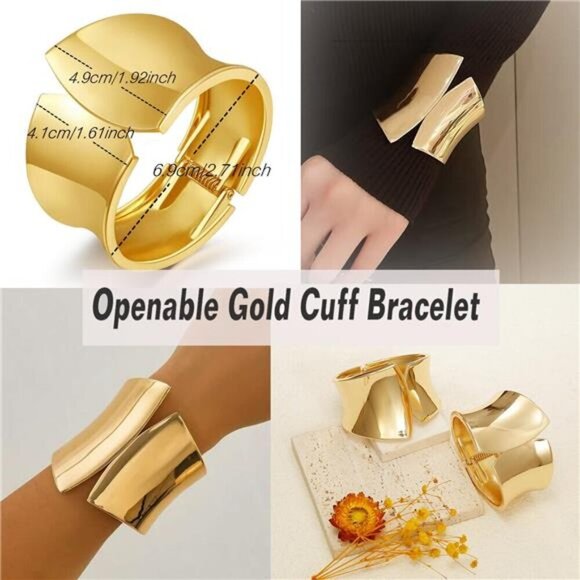 2 Pcs Gold Chunky Cuff Bracelets for Women Adjustable Bangle Gold Plated - Picture 2 of 5